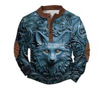 Sweat-shirt d'Halloween pour homme - Imprimé animal 3D effrayant - Pull boutonné à manches longues - Col Henley - Costumes de vacances pour adultes 2025, bleu, M