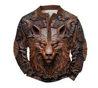 Sweat-shirt d'Halloween pour homme - Imprimé animal 3D effrayant - Pull boutonné à manches longues - Col Henley - Costumes de vacances pour adultes 2025, marron, 4XL