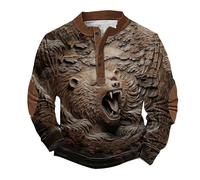 Sweat-shirt d'Halloween pour homme - Imprimé animal 3D effrayant - Pull boutonné à manches longues - Col Henley - Costumes de vacances pour adultes 2025, café, 3XL