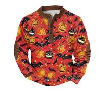 Sweat-shirt d'Halloween pour homme - Imprimé citrouille chauve-souris effrayant - Pull d'automne à manches longues - Haut Henley boutonné - Costumes de vacances pour adultes - Tenues effrayantes