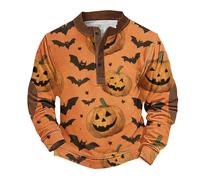 Sweat-shirt d'Halloween pour homme imprimé citrouille mignon pull automne manches longues boutonné Henley hauts costumes de vacances adultes effrayants, Orange, M