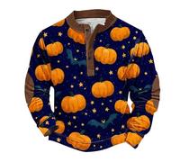 Sweat-shirt d'Halloween pour homme imprimé citrouille mignon pull automne manches longues boutonné Henley hauts costumes de vacances adultes effrayants, bleu marine, 5XL