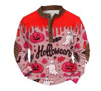 Sweat-shirt d'Halloween pour homme imprimé citrouille mignon pull d'automne à manches longues boutonné Henley hauts costumes de vacances adultes drôles, Rouge, 4XL