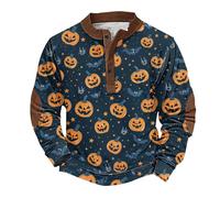 Sweat-shirt d'Halloween pour homme - Imprimé citrouille - Pull d'automne à manches longues - Haut Henley boutonné - Costumes de vacances pour adultes - Tenues effrayantes, bleu marine, XL