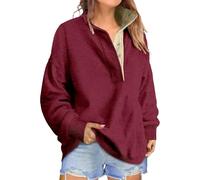 Sweat Shirt Doux pour Femme, Pull Oversize à Boutons, Manches Longues, Rouge Bordeaux, Taille M