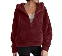 Sweat-Shirt en Laine et Velours à Manches Longues pour Femme, Couleur Unie Mode Automne et Hiver Raglan Capuche Court Demi-Fermeture éclair Poche Peluche Convient pour Les vêtements d'hiver