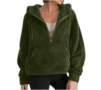 Sweat-Shirt en Laine et Velours à Manches Longues pour Femme, Couleur Unie Mode Automne et Hiver Raglan Capuche Court Demi-Fermeture éclair Poche Peluche Convient pour Les vêtements d'hiver