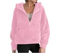 Sweat-Shirt en Laine et Velours à Manches Longues pour Femme, Couleur Unie Mode Automne et Hiver Raglan Capuche Court Demi-Fermeture éclair Poche Peluche Convient pour Les vêtements d'hiver