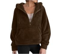 Sweat-Shirt en Laine et Velours à Manches Longues pour Femme, Couleur Unie Mode Automne et Hiver Raglan Capuche Court Demi-Fermeture éclair Poche Peluche Convient pour Les vêtements d'hiver