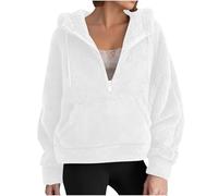 Sweat-Shirt en Laine et Velours à Manches Longues pour Femme, Couleur Unie Mode Automne et Hiver Raglan Capuche Court Demi-Fermeture éclair Poche Peluche Convient pour Les vêtements d'hiver