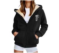 Sweat-shirt en molleton doublé pour femme avec capuche entièrement zippée, sweat-shirt thermique chaud avec imprimé cœur à capuche entièrement zippée, Noir , XXL