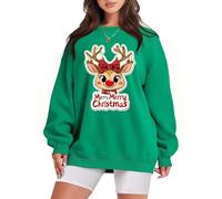 Sweat Shirt Femme Noël Sweatshirts Novelty Funny Christmas Deer Xmas Tree Motif Pullover Tops Loose Casual(Green, XL)
