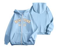 Sweat-shirt femme oversize New York avec fermeture éclair, sweat à capuche avec impression de lettres, manches longues, sweat-shirt avec capuche, sweat-shirt décontracté avec capuche, sweat-shirt