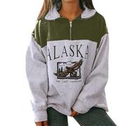 Sweat-Shirt Femme sans Capuche à Manches Longues avec Imprimé Décontracté et Fermeture Éclair pour Un Style Urbain Confidentiel (Army Green, S)