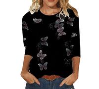 Sweat-shirt femme vintage avec imprimé de papillons et de chats - Manches longues - Col rond - Manches 3/4 - Sweatshirt décontracté et élégant - Pullover - T-shirts - Hauts, X-Large