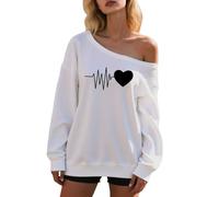 Sweat-shirt graphique à épaules dénudées pour femme - Mode confortable - Vêtements légers et décontractés - Tendance - Université d'automne - Y2K - Jolis sweats esthétiques avec motifs amusants, blanc