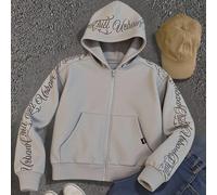 sweat-shirt gris oversize à lettres et fleurs pour adolescents, sweat-shirt urbain graphique zippé, streetwear, hiver, noir, remise des diplômes, rentrée scolaire 14Y,12Y,13Y,16Y,15YLettresPolyester
