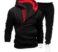 Sweat-Shirt Homme Manches Longues Set Tendance Couleur Unie Sweat À Capuche Homme Coupe Slim Half Zipper Design Capuche Pullover Homme Casual Sport All-Match Long Pantalon Homme A-Black Red XXL