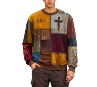 Sweat-shirt Jésus pour homme avec croix au design patchwork - Pull chrétien avec déclaration de foi - Haut décontracté pour la communauté et le quotidien, Style A01 marron, 3XL
