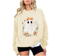 Sweat-shirt pour femme à col rond et manches longues et imprimé squelette d'Halloween, haut décontracté pour l'hiver, vêtements de tous les jours et tenues Gilet blanc pour femme, beige, S