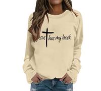 Sweat-shirt pour femme avec imprimé déclaration chrétienne - Pull à manches longues avec inscription Jesus Has My Back - Haut décontracté avec message de foi, Style_b01 beige, M