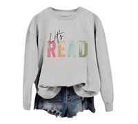 Sweat-shirt pour femme avec livre de lecture « Let's Read » - T-shirt graphique à manches longues - Col rond - Pour enseignant et bibliothèque - Pour femme, gris, XL