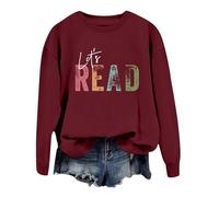 Sweat-shirt pour femme avec livre de lecture « Let's Read » - T-shirt graphique à manches longues et col rond - Pour enseignant et bibliothèque, Brique rouge., XXL