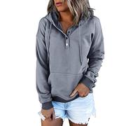 Sweat-shirt pour femme en coton à manches longues - Pull à capuche pour femme - Grandes tailles - Couleur unie - Rétro - Confortable - Avec capuche - Poches - Sweat-shirts boutonnés - T-shirt à