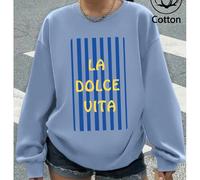 Sweat-shirt ras du cou oversize à imprimé alphabet Sweet Life, rayures bleues, couleur unie, haut décontracté en coton pour femme, sweat-shirt confortable à épaules tombantes, vêtements d'automne, vac