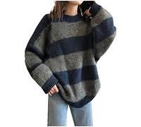 Sweat-shirt rayé gris pour femme - Pull ample en polaire thermique pour femme - Pull d'hiver confortable pour femme - Pull d'hiver épais pour femme - Pull court surdimensionné, bleu, Taille unique