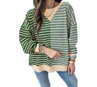 Sweat-shirt rayé surdimensionné 2025 à col rond à manches longues avec bloc de couleur mignon pull tops Y2K tenues pour femmes vêtements légers pour l'automne, 003-vert, L