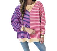 Sweat-shirt rayé surdimensionné 2025 à col rond à manches longues avec bloc de couleur mignon pull tops Y2K tenues pour femmes vêtements légers pour l'automne, 002-violet, L