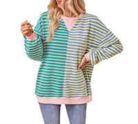 Sweat-shirt rayé surdimensionné 2025 à col rond à manches longues avec bloc de couleur mignon pull tops Y2K tenues pour femmes vêtements légers pour l'automne, 001 - Rose, L