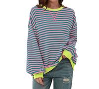 Sweat-shirt rayé surdimensionné pour femme - Bloc de couleurs - Col rond - Manches longues - Y2K - Décontracté - Manches longues - Pull ample - Hauts - Chemisier pour adolescentes - Tunique, 1 rose.,