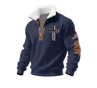 Sweat-shirt rétro à col semi-zippé pour homme, pull chrétien uni, pull doublé en polaire, décontracté, élégant, Jésus bible, imprimé graphique, demi-fermeture éclair, col en polaire, Bleu marine B