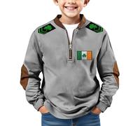 Sweat-shirt rétro irlandais trèfle à manches longues et fermeture éclair 1/4 pour garçon - Pull en polaire - Haut graphique rétro - Tenue d'anniversaire - Tendance - Manches longues, gris, 10-11 ans