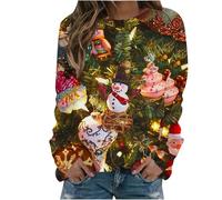 Sweat-Shirt Rose décontracté Coupe Ample Noël Grande Taille Haut de Noël Pull de Noël Dames à Manches Longues col Rond vêtements de Sport Lumineux Arbre de Noël imprimé drôle nouveauté Pull d'hiver