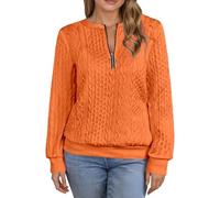 Sweat-shirt sans capuche pour femme, couleur unie, décontracté, à manches longues, avec fermeture éclair, col zippé, pour une utilisation quotidienne, Orange, XL