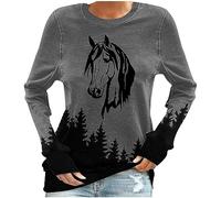 Sweat-shirt sans capuche pour femme - Motif cheval - Imprimé forêt - Manches longues - Décontracté - Col rond - Coupe basique - Confortable - Manches longues - Streetwear - Tunique, gris, L