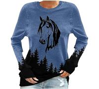 Sweat-shirt sans capuche pour femme - Motif cheval - Imprimé forêt - Manches longues - Décontracté - Col rond - Coupe basique - Confortable - Manches longues - Streetwear - Tunique, bleu, XXL
