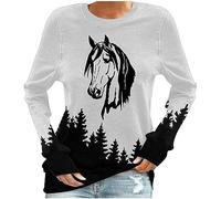 Sweat-shirt sans capuche pour femme - Motif cheval - Imprimé forêt - Manches longues - Décontracté - Col rond - Coupe basique - Confortable - Manches longues - Streetwear - Tunique, Blanc., XXL