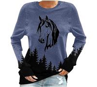 Sweat-shirt sans capuche pour femme - Motif cheval - Imprimé forêt - Manches longues - Décontracté - Col rond - Coupe basique - Confortable - Manches longues - Streetwear - Tunique, bleu foncé, L