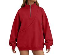 Sweat-shirt sans fermeture éclair quart de longueur, boucle de poche pour chat, pull en polaire confortable et doux, haut décontracté (rouge, XL)