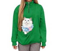 Sweat-shirt sans fermeture éclair quart de longueur, boucle de poche pour chat, pull en polaire confortable et doux, haut décontracté (vert, M)