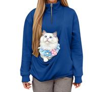 Sweat-shirt sans fermeture éclair quart de longueur, boucle de poche pour chat, pull en polaire confortable et doux, haut décontracté (bleu, S)