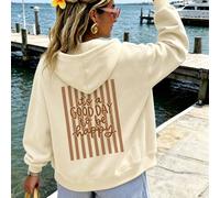 Sweat-shirt-shirt à capuche ample jaune clair pour femmes, imprimé de lettres rayées marron "C'est une bonne journée pour être heureux" au dos, pull décontracté pour les vacances d'automne L,M,S,XL,XS