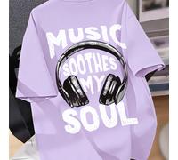 Sweat-shirt-shirt à col rond à manches courtes pour garçon préadolescent, style artiste, imprimé avec des écouteurs, style de musique cool et ludique, simple et décontracté, nouveau Top d'été pour gar