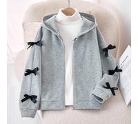 Sweat-shirt-shirt à fermeture éclair pour préadolescentes, nouveau Sweat-shirt-shirt à capuche à manches longues pour l'automne/hiver, Top gris chiné avec nœuds noirs parallèles sur les manches, Sweat