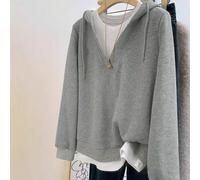 Sweat-shirt-shirt ample pour femmes grande taille, style américain décontracté nouveau, 2 en 1 avec capuche, manches longues, patchwork, côtelé, contraste de couleurs blanc et gris, ample. Sweat-shirt