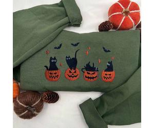 Sweat-shirt-shirt col rond brodé avec chat noir, citrouille Jack O'Lantern, fantôme de chat. Cadeau pour les amateurs de chats, Sweat-shirt-shirt d'automne pour femmes et hommes L,M,S,XL,XXLHalloweenÉ